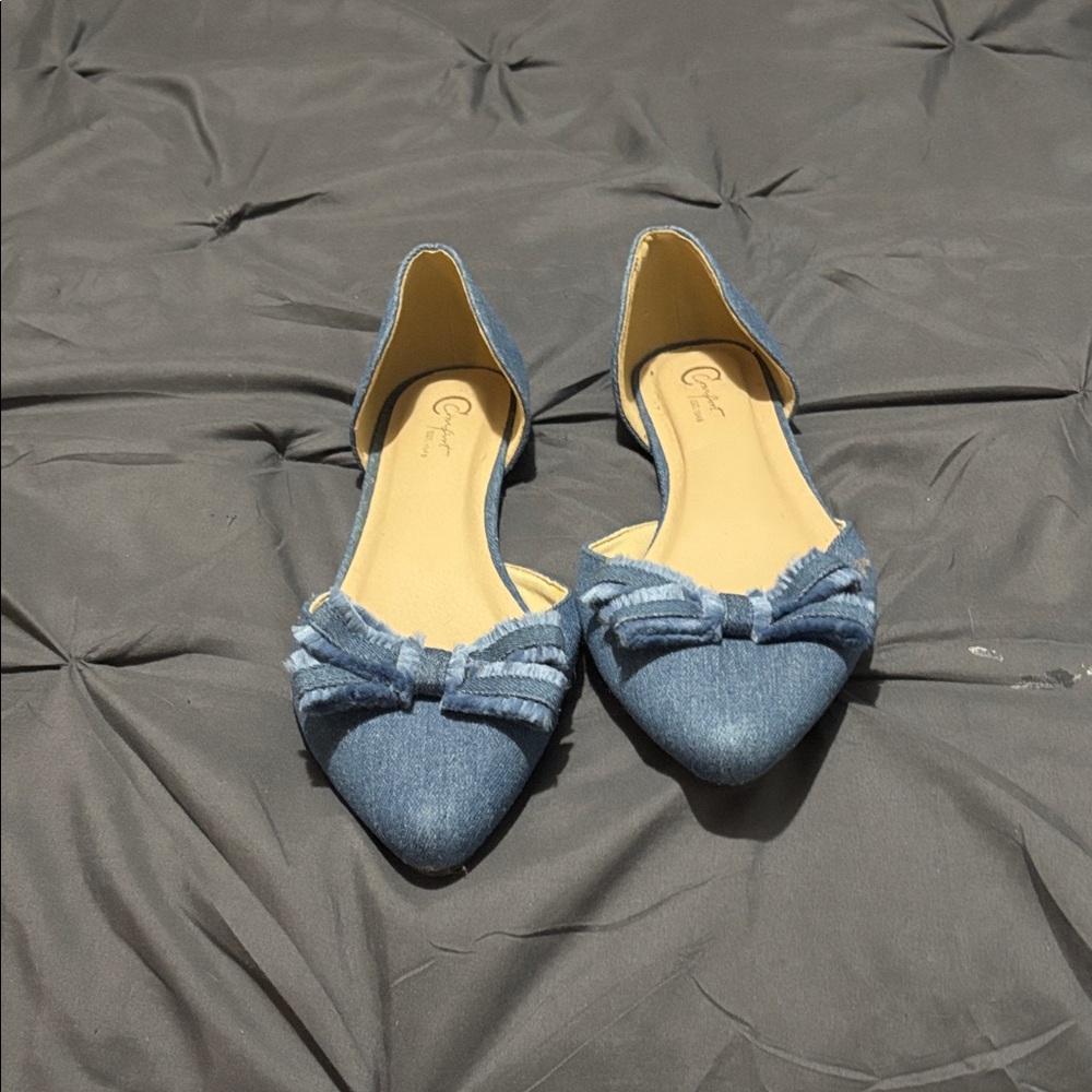 Denim Pointed-Toe D'Orsay Flats with Frayed Bow - Blue